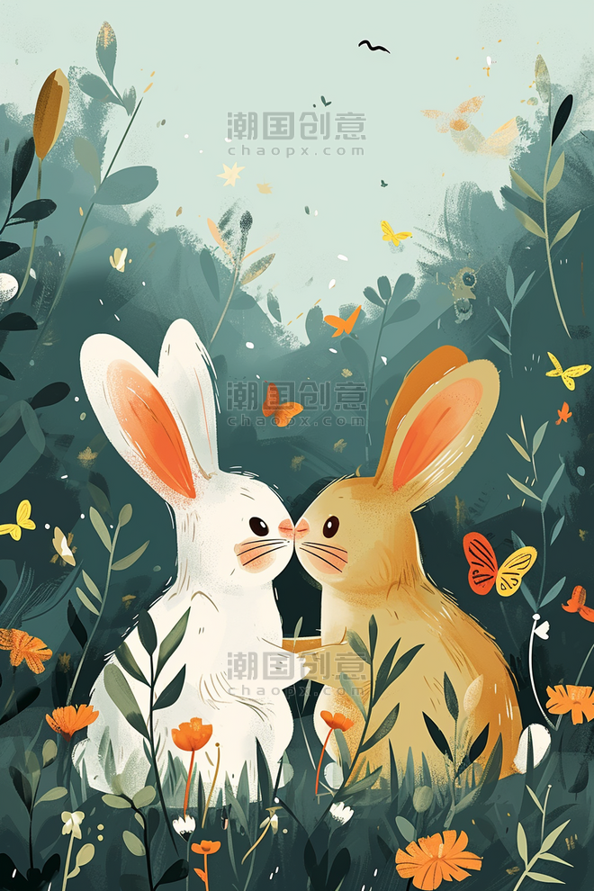 创意可爱兔子手绘插画春天童话