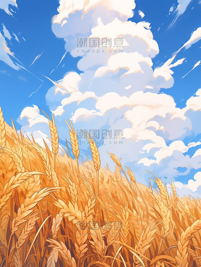 创意蓝天白云的映衬金色的麦浪麦田丰收插画图片