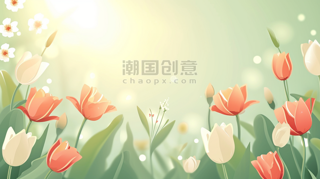 创意简约清新阳光树枝花朵的春天小草小花背景插画9