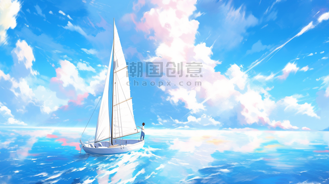 创意手绘蓝天白云下海上帆船的航海励志大海插画4