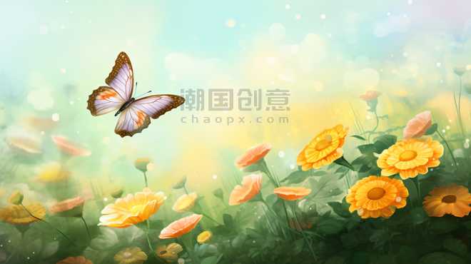 创意卡通背景花间飞舞的蝴蝶插画4