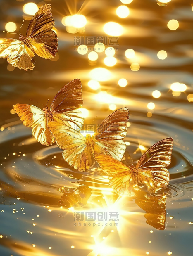 创意水面上闪闪发光橙色的蝴蝶金色浪漫壁纸原创插画