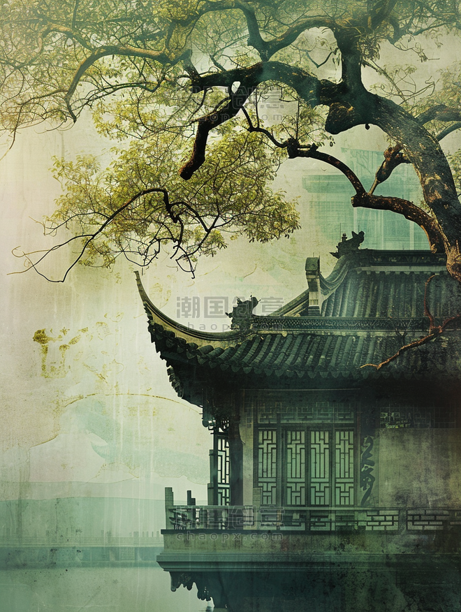 中式意境庭院创意中国风古典建筑风景插画18
