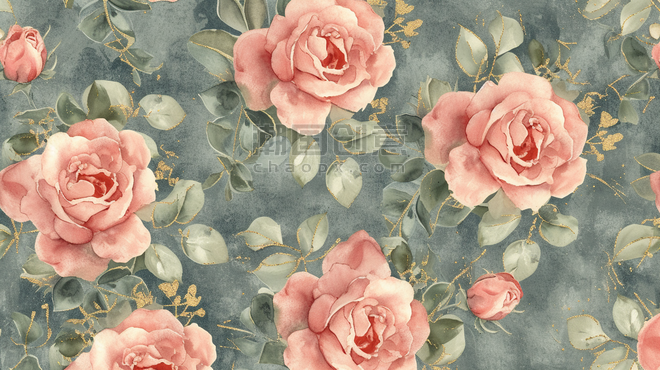 家纺面料花纹底纹背景春天创意粉色浪漫盛开的玫瑰花花朵插画16