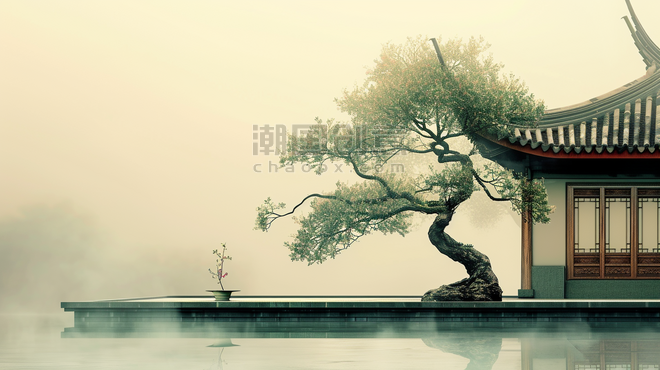 创意中国风古典建筑风景中式意境庭院插画1