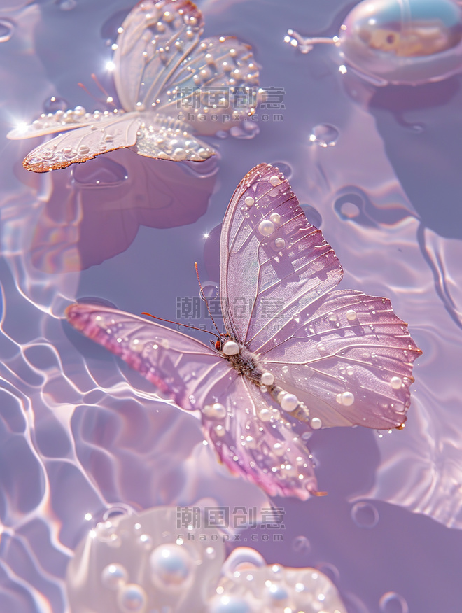 创意水池中珍珠水晶蝴蝶淡粉色紫色浪漫壁纸