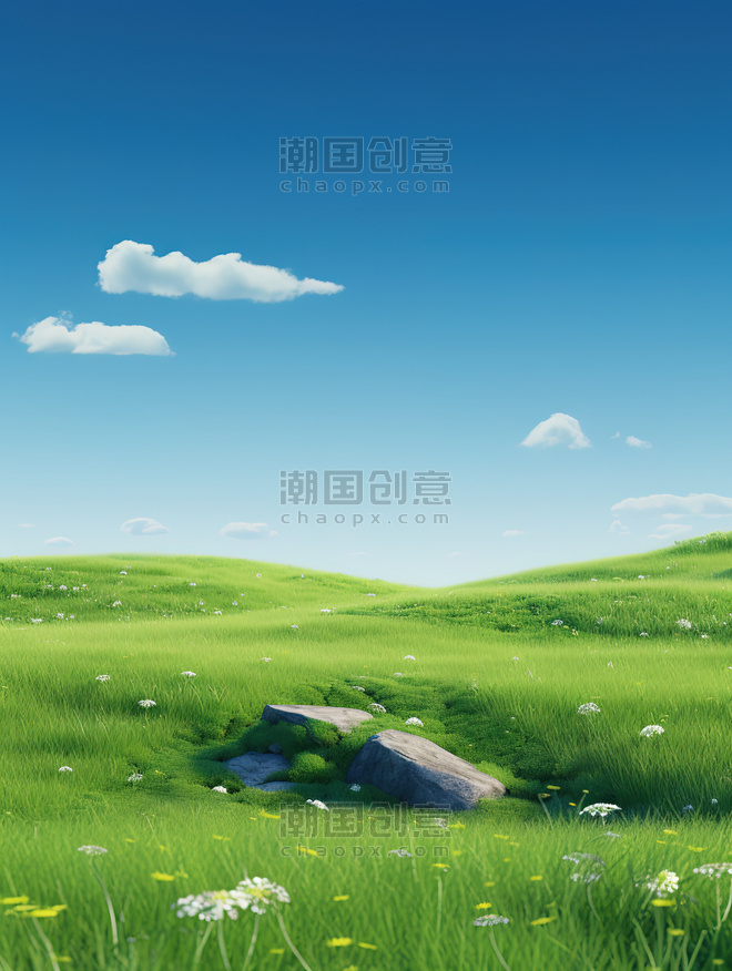 创意春天绿色的草地草原清新产品展示插画