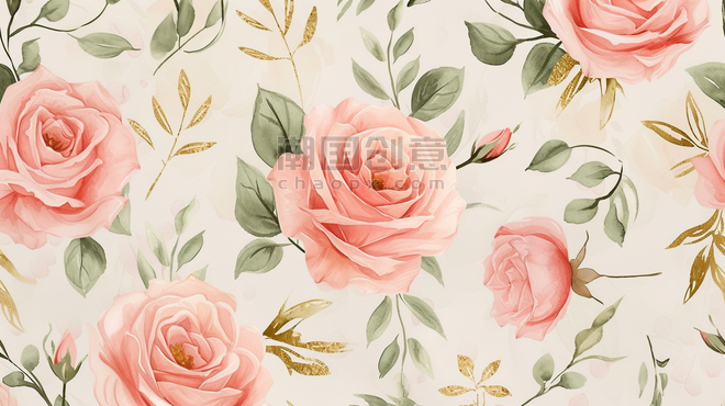 玫瑰花创意粉色浪漫盛开的花朵家纺面料花纹底纹背景春天插画20