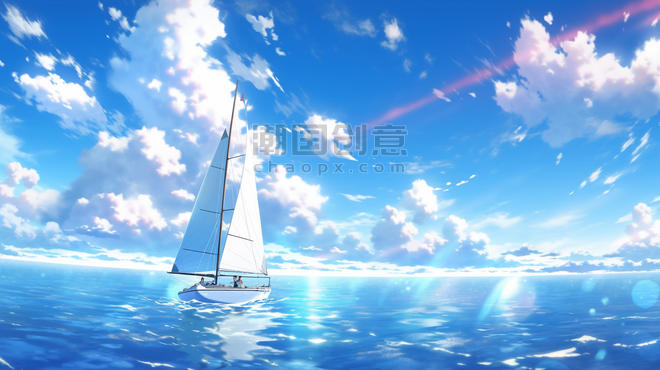 创意手绘蓝天白云下海上帆船的航海励志大海插画2