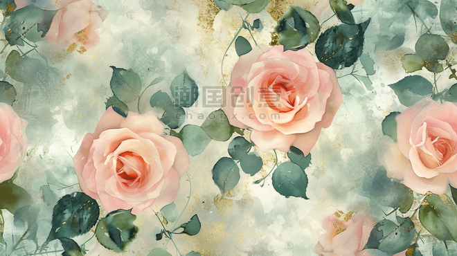 创意粉色玫瑰花浪漫盛开的花朵插画11家纺面料花纹底纹背景