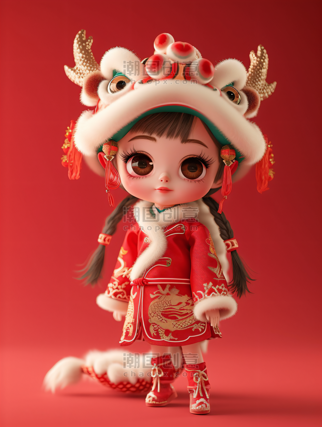 创意红色春节人物IP龙年装扮可爱女孩4