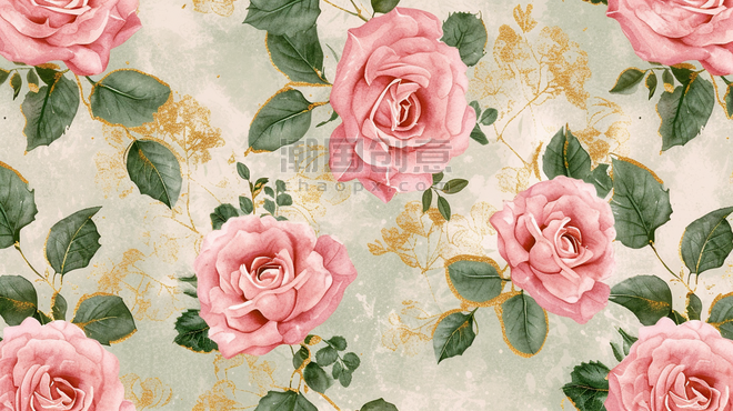 春天玫瑰花家纺面料花纹底纹背景粉色浪漫盛开的花朵插画6