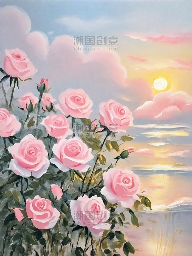 创意浪漫文艺油画质感情人节粉色玫瑰插画