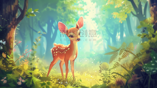 创意唯美春天童话春季森林里彩色小鹿的插画5
