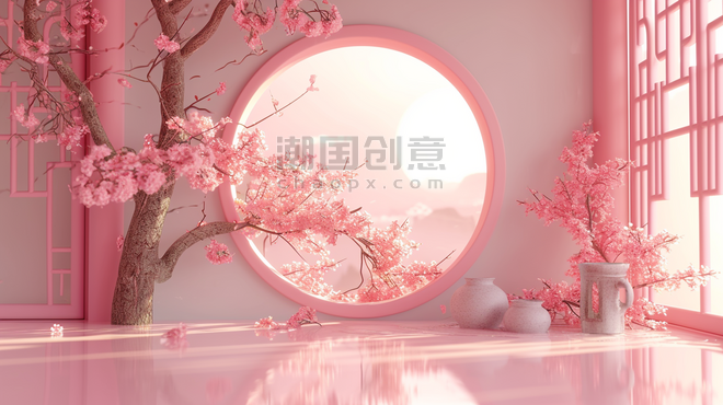 创意扁平化粉色中式古建筑古风庭院的情人节妇女节中国风插画9