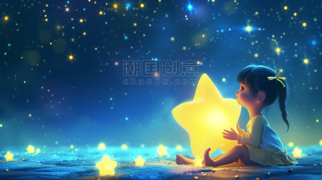 创意蓝色浪漫星空下女孩星空夜空浪漫抱着星星的插画1