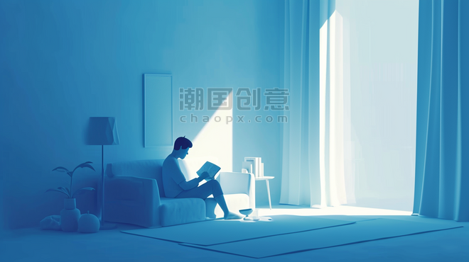 创意简约温馨文艺女孩看书的抑郁蓝色孤独插画8