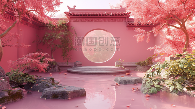创意扁平化粉色中式情人节妇女节中国风古建筑古风庭院的插画8