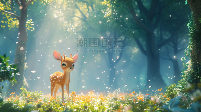 创意唯美森林里彩色童话春天春季小鹿的插画9