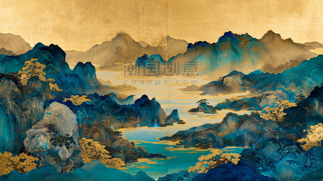 中国风传统山水国画千里江山图复古插画