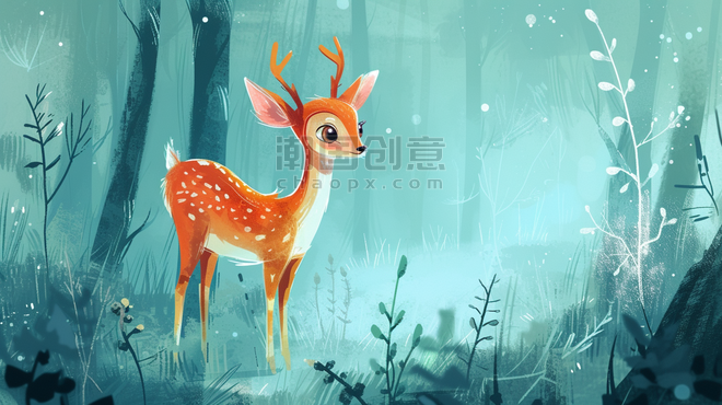 创意童话春天春季手绘卡通森林里小鹿的插画16