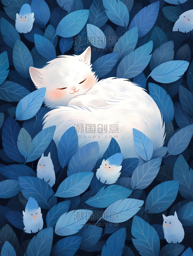 创意白色的猫藏蓝色的羽毛中小猫动物插画