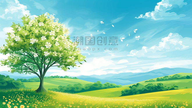 创意春天森林花园扁平化简约户外风景风光的插画8