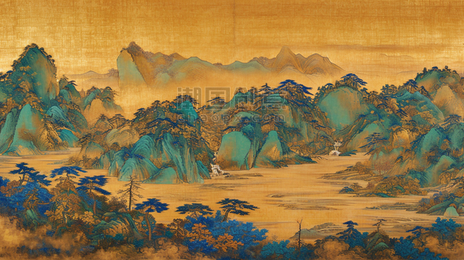 中国风传统山水国画千里江山图插画