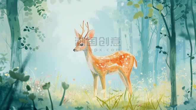 创意童话春天春季卡通森林里小鹿的插画17