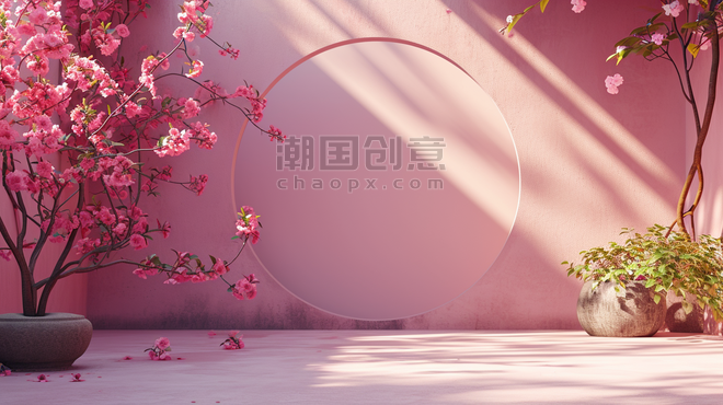创意扁平化粉色中式古建筑古风庭院的情人节妇女节中国风插画19
