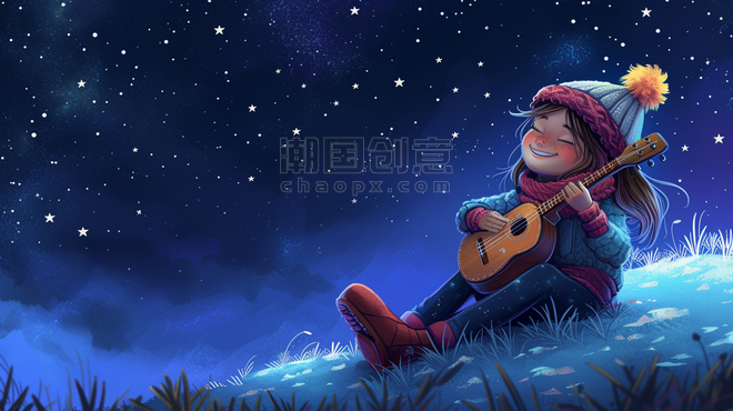 创意冬季星光下星空夜空浪漫文艺女孩抱着吉他的插画19