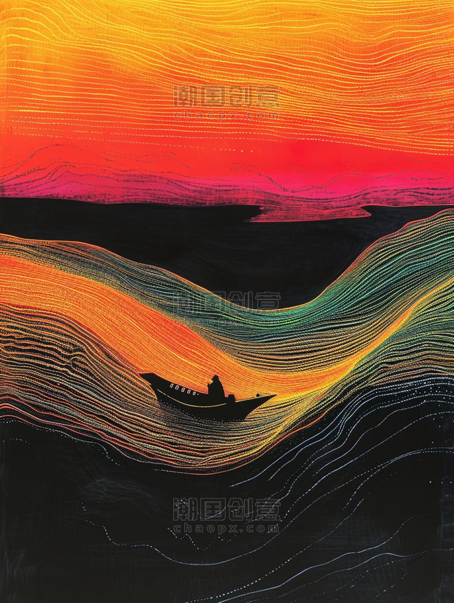 创意中国风河中的一叶扁舟创意线条抽象清明节插画11