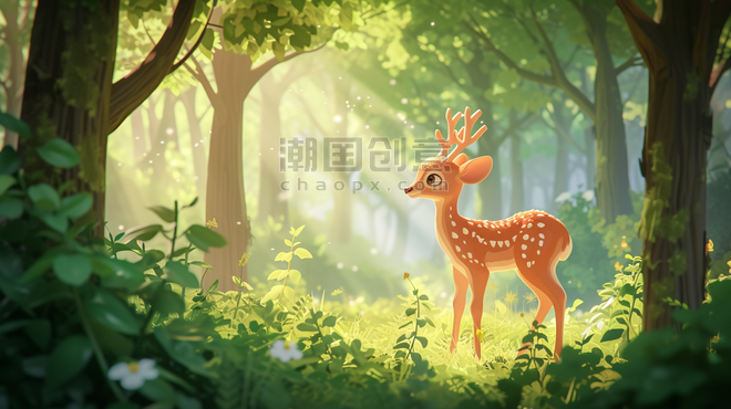 春天童话春季唯美森林里彩色小鹿的插画10