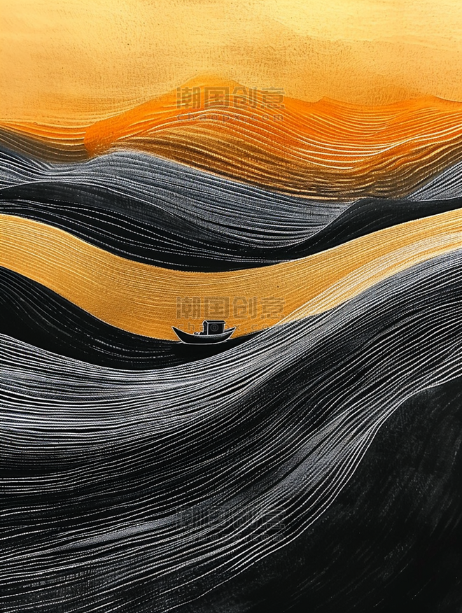 创意线条抽象清明节中国风河中的一叶扁舟插画3