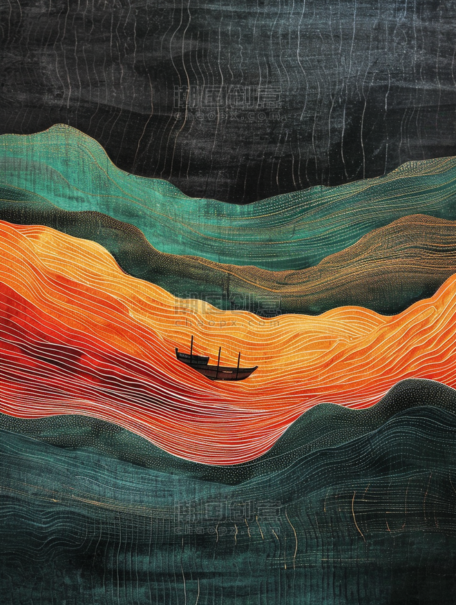 创意中国风河中的一叶扁舟简约清明节小船插画15