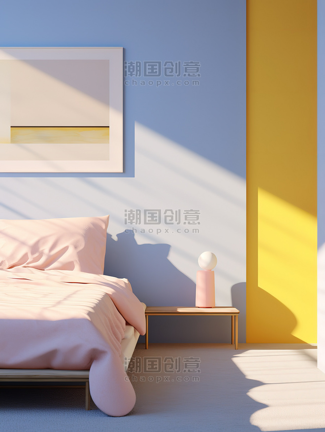 创意一间卧室蓝色黄色明亮房间卧房