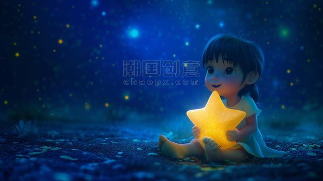 创意蓝色浪漫星空下女孩抱着星星的星空夜空浪漫插画