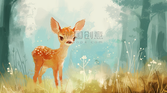 童话春天春季卡通森林里小鹿的插画23