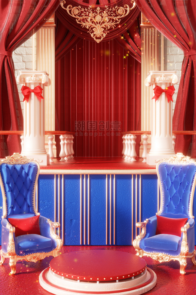 妇女节女王节3D立体红蓝欧式建筑电商展台场景