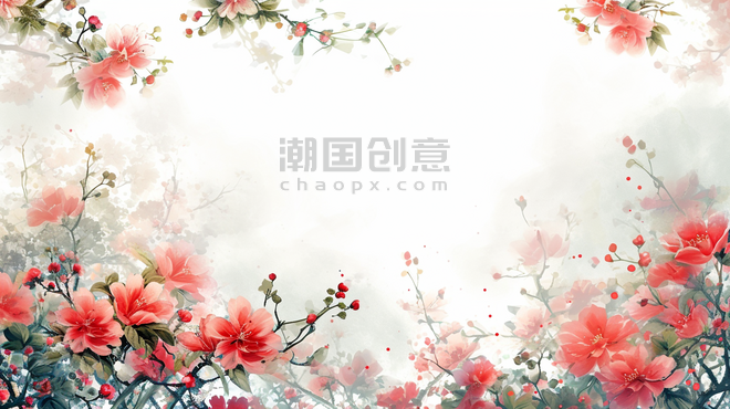 中国风水墨花朵植物红色花艺边框创意背景11