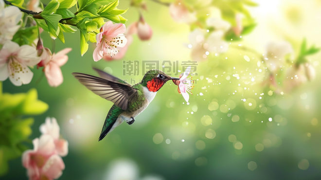 创意美丽春天阳光花丛里小鸟蜂鸟动物背景采花的插画1