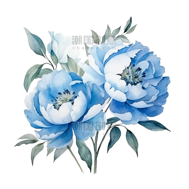 创意ai蓝色花朵元素免抠水彩植物牡丹芍药