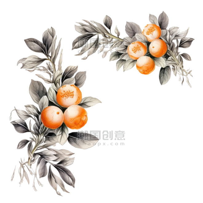 创意艺术树枝水果元素素描橘子柿子边框免抠图案