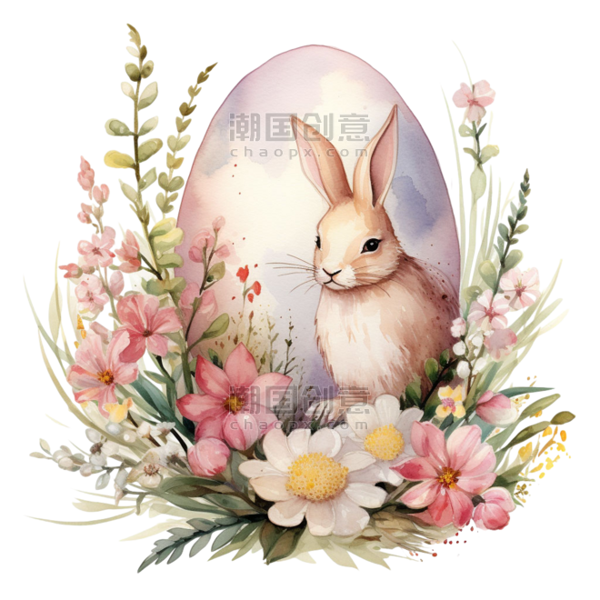 创意ai艺术可爱复活节水彩兔子元素免抠图案