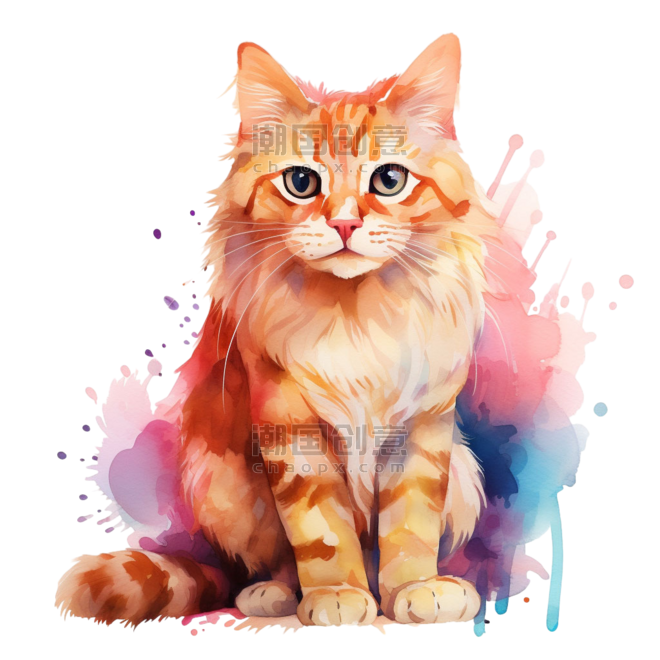 创意图形五彩小猫水彩动物元素免抠图案