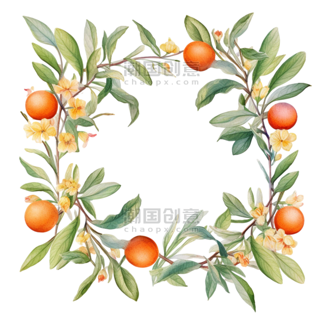 素描橘子柿子树枝水果元素边框免抠图案