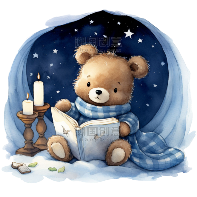 创意ai艺术看书小熊动物童话阅读元素免抠图案