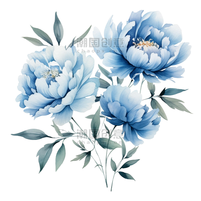 创意素材蓝色花朵元素水彩植物牡丹芍药免抠图案