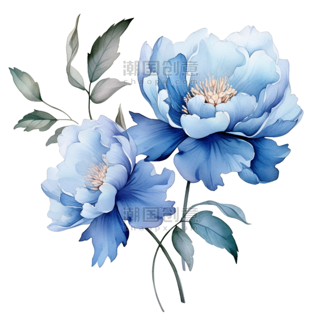 创意AICG蓝色花朵元素水彩植物牡丹芍药免抠图案