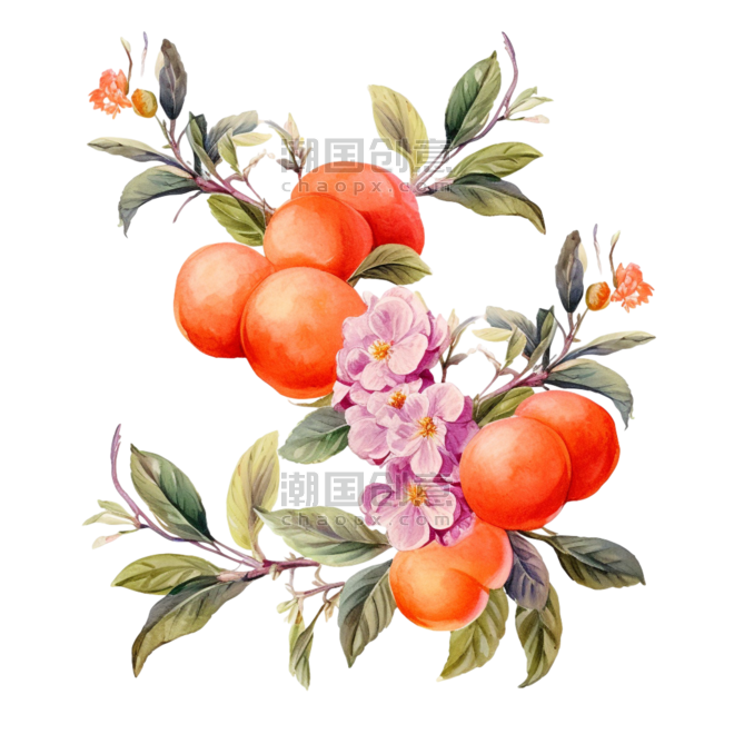创意矢量素描橘子柿子树枝水果边框元素免抠图案